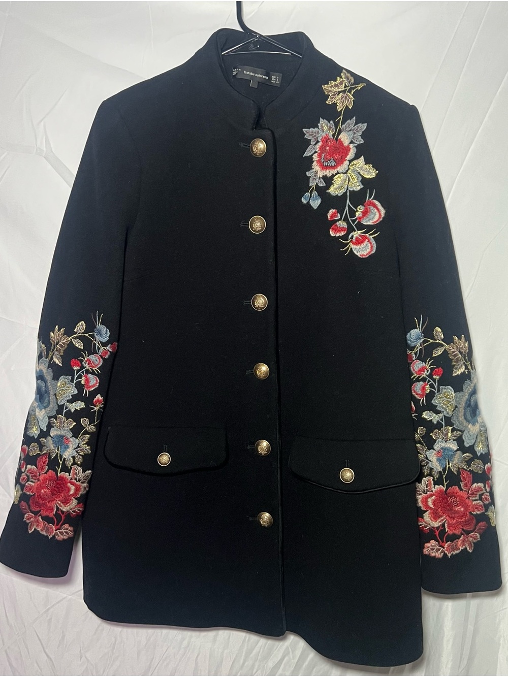 Zara Black Embroidered Floral Military-Style Pea Coat
